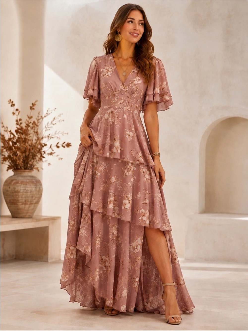 Toleen Floral High Low Maxi Dress Mauve Ruffle Tiered V Neck Romantic Medium C8